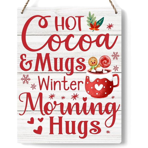 Novelty Hot Cocoa Christmas Signs Hot Cocoa Bar Decor Sign Decorations Wood Sign Winter Wooden Signs Rustic Hanging Plaque Wall Art Sign Wall Decor for Farmhouse Home Kitchen 8x12 Inch