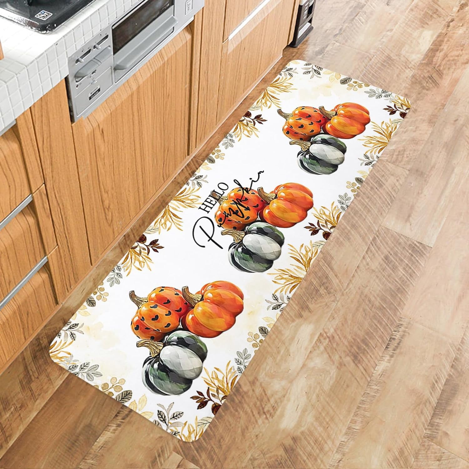 Hello Pumpkins Kitchen Floor Mats, Mid Century Boho Leaf Plant 2 PCS Anti Fatigue Area Runner Rugs Set Watercolor Botanical Non-Slip Bathroom Comfort Standing Mat Home Decor