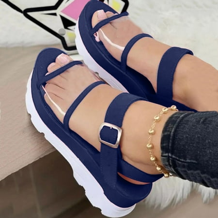 

XIAQUJ Fashion Spring and Summer Women Sandals Thick Sole Solid Color Transparent Upper Open Toe Buckle Comfortable Light and Casual Style Sandals for Women Blue 8(40)