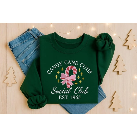 Candy Cane Cutie Christmas Sweatshirt, Embroidered Bow Social Club Est 1965 Sweater, Womens Holiday Crewneck Sweatshirt, Gift for Christmas