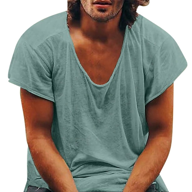 pstuiky Camiseta de manga corta con cuello en V para hombre, camiseta informal de verano de color liso, camiseta de manga corta para hombre, camiseta de manga corta con cuello en V para hombre