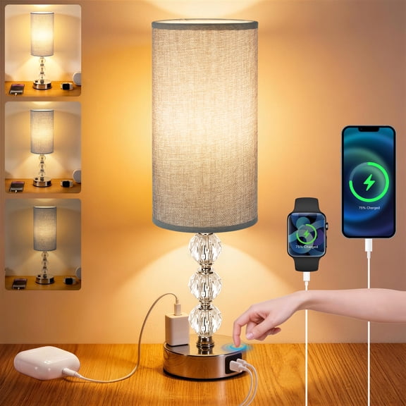 Crystal Table Lamps for Bedroom 17.9", 3 Way Dimmable Touch Control Bedside Lamp with USB C A Fast Charging Ports, Nightstand Lamp for Office, Living Room, Reading(E26 Light Bulb Included), Grey