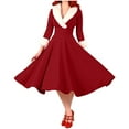 thumbnail image 2 of NSLGXD Women Elegant Christmas Dresses V Neck Fleece Collar 1950s Vintage Midi Swing Dress Casual Xmas A Line Party Holiday Dresses, 2 of 7