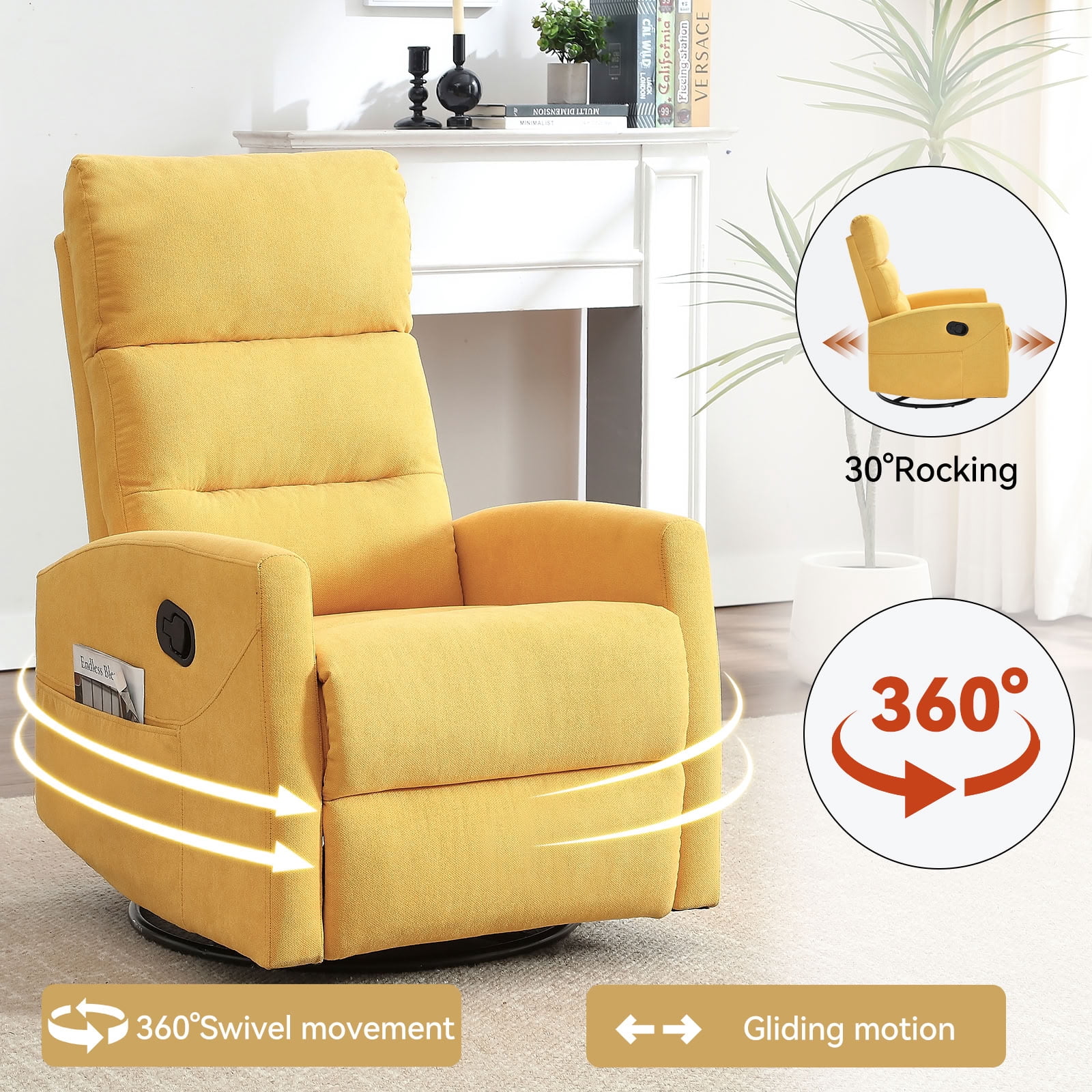 MAYEERTY 360 Degree Swivel Rocker Recliner Chair, Manual 155° Recline Glider Armchair, for Living Room Nursery Bedroom