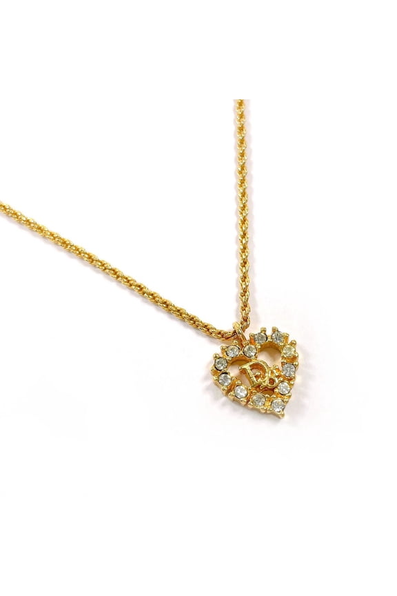 Pre-Owned Christian Dior Heart Logo Vintage Necklace, Metal/Rhinestone, Gold, Women's