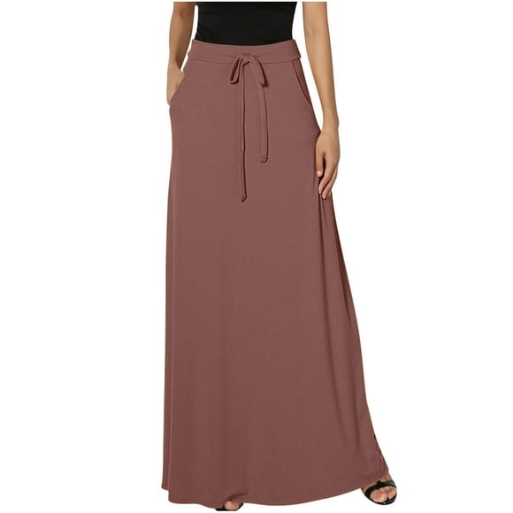 Mrat Womens Maxi Skirt Women's Solid Color Pocket High Waisted Skirts for Women Elastic Waist Casual Ankle Side Split Maxi Skirt Skirt Summer Clubwear Sparkly Skirt Coffee M