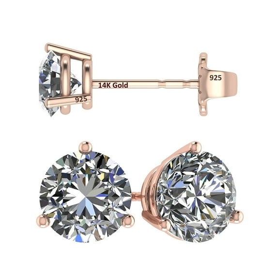 Central Diamond Center 14K Gold Post & Sterling Silver Made with Swarovski Zirconia 3 Prong Martini Stud Earrings - Rose Gold Plated 5.50mm 1.50cttw