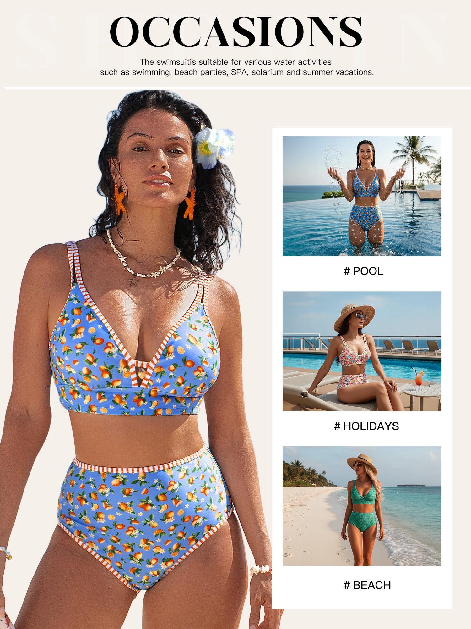 SHEWIN Womens Swimsuits Sets Bikinis Sets 2 Piece Tummy Control Bathing Suits High Waisted Swimwear Floral Swimming Suits Push Up Beach Vacation Outfits Blue Lemon Blossom XL