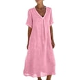 thumbnail image 3 of Feancey Vacation Dresses for Women Cotton Linen Maxi Dress Loose Fit Short Sleeve V Neck Casual Dresses Solid Flowy Boho Sundress with Pockets Pink M, 3 of 10