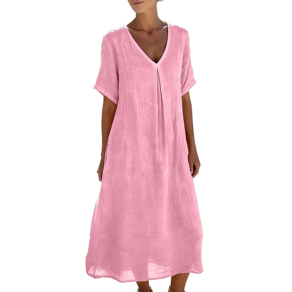 HBGVBA Women's Casual Linen Maxi Dress,Short Sleeve Dresses,Summer Solid Color V-Neck Pocket Linen Long Maxi Soft Comfortable Dress