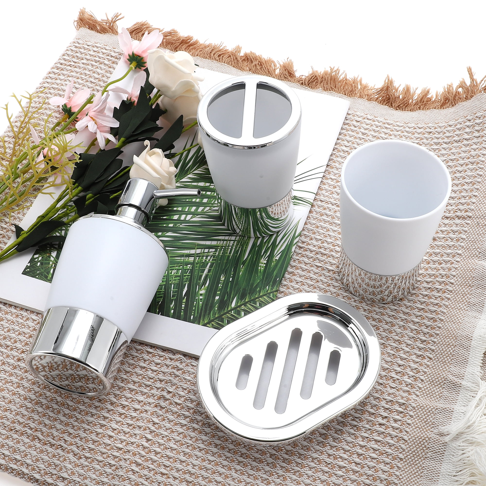 Unique Bargains 1 Set  Plating Soap Pump Dispenser Set for Bathroom for Laundry Rooms White