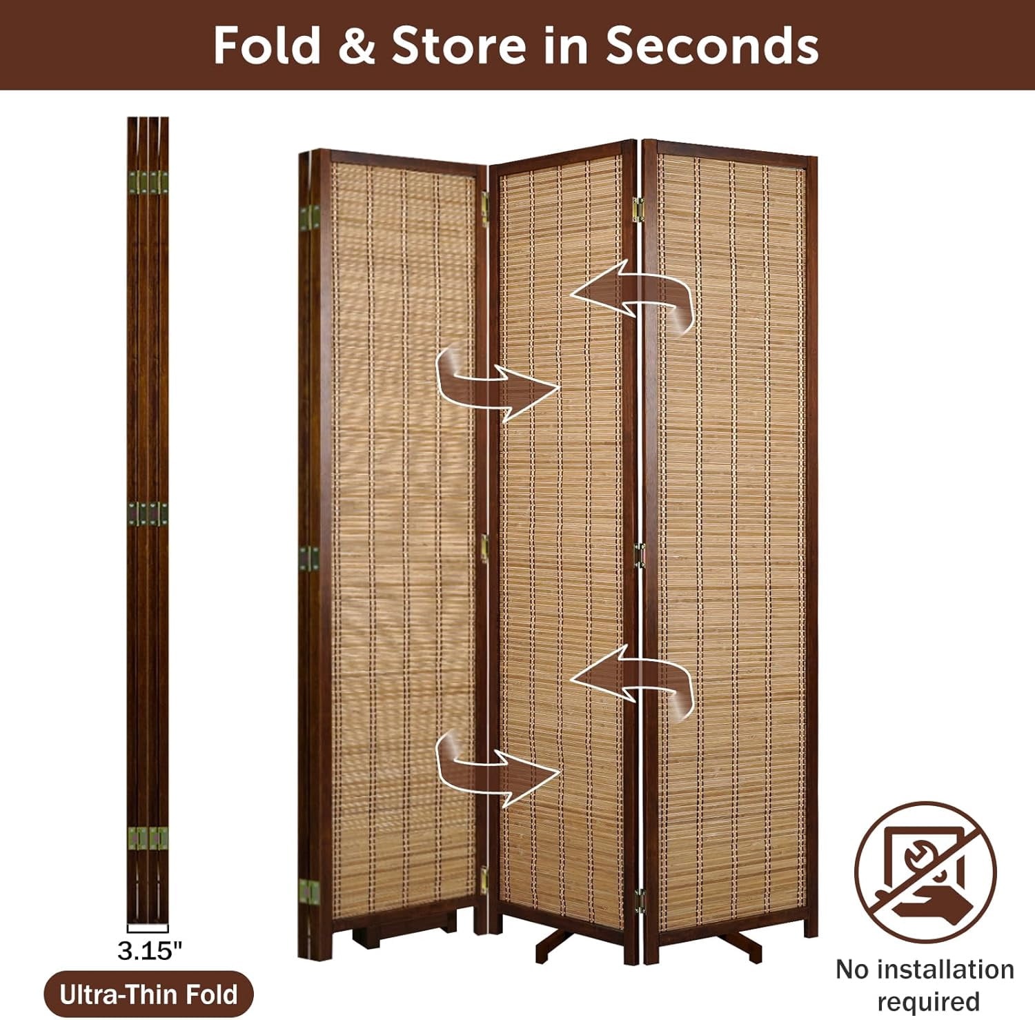 Olela Folding Bamboo Room Divider, 4 Panels Decorative Screens Wall Divider for Room Separation, 5.4ft Height Freestanding Privacy Partition for Living Room, Bedroom & Office, No Assembly