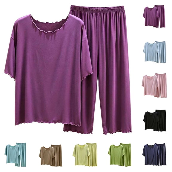 Bixock Pajamas Set for Women 2 Piece Loungewear Set Short Sleeve Top With Ruffled And Capris Pants Solid Color Indoor Homewear Sleepwear Women Clothings