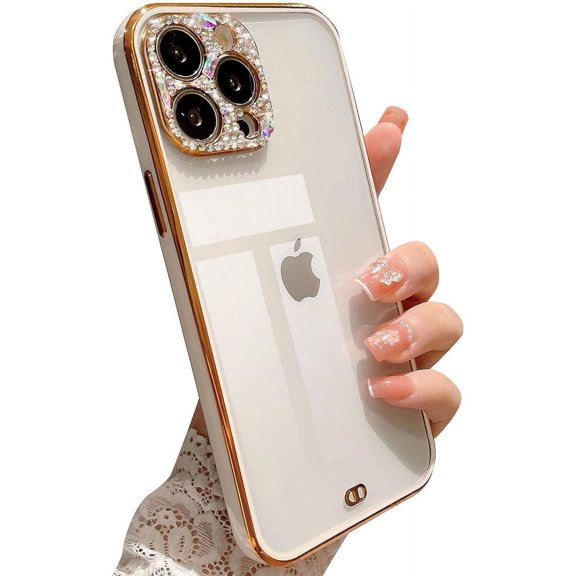 Compatible for iPhone 13 Pro Max 6.7 Inch Diamond Case, Luxury 3D Bling Crystal Rhinestone Sparkly Plating Clear Case for Women Girls Shockproof Camera Protective Back Cover - White