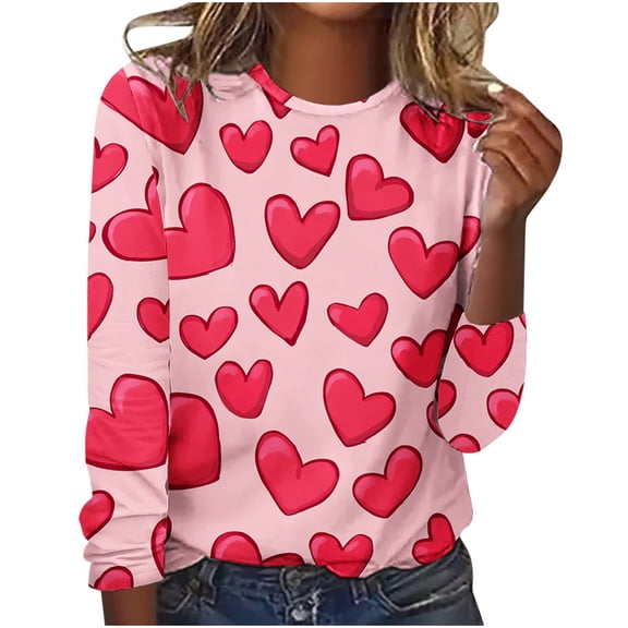 mihongmao Plus Size Valentine Shirts for Women Crew Neck Women's Valentine's Day Fashion Three-dimensional Print Loose Comfortable Long Sleeve T-shirt Long Sleeve Crewneck Top/shirt Multicolor XL