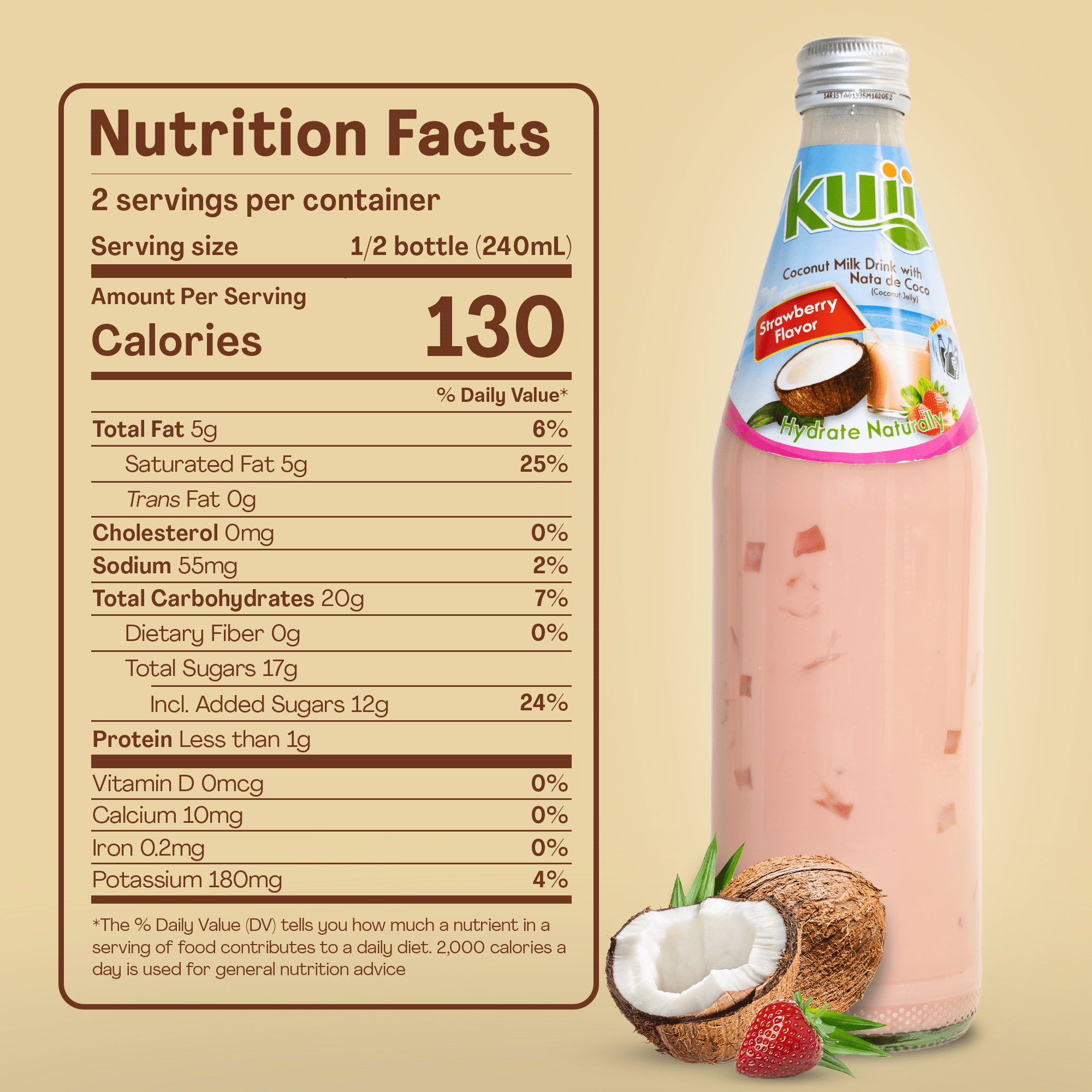 (12 pack) Kuii Drinks Coconut Milk with Nata de Coco, Strawberry, 485 mL Single Glass Bottle