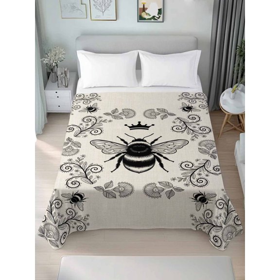 Queen Flat Sheet Only Bees Crowns Flower Rings on Linen Soft Microfiber Cooling Bedding Sheets Abstract Botantical Flat Bed Sheet for Hotel,Home Decor