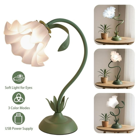 Cute Flower Table Lamp, Bedside Vintage Flower Night Light with Flexible Gooseneck, 3 Colors Temperature Flower Reading Light Bedside Lamps for Bedroom Living Room Home Decor, Green
