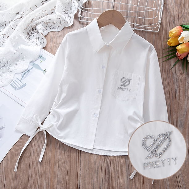 Blusas y camisas de manga larga con cuello redondo Camisa de manga larga con cuello de diamantes de imitación para niñas y niños de escuelas secundarias y grandes Blusa para niña