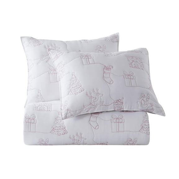 JANEEN HOME WHITE AND RED SANTA CHRISTMAS TREE HOLIDAY KING QUILT 3PC BEDDING SET