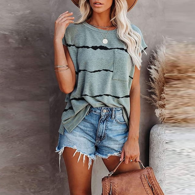 CHGBMOK Plus Size Crop Tops for Women Mode Women Décontracté Ample Imprimé Col Rond Manches Courtes T-Shirt Blouse Rayée Été Plage Tops en Liquidation