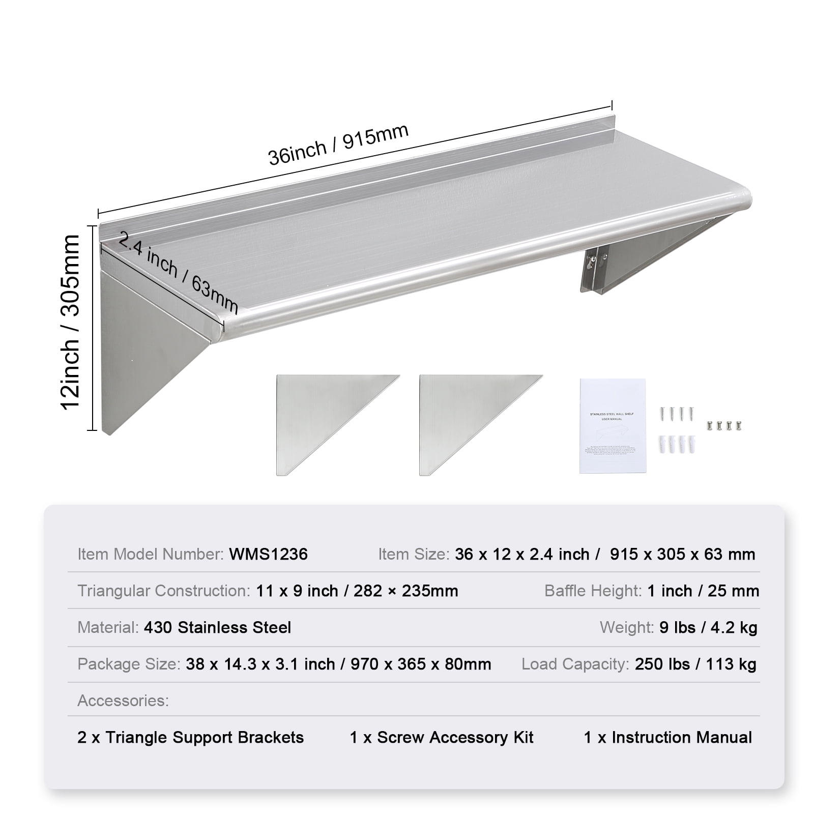 KFFKFF 12" x 36" Stainless Steel Ledge, Wall-Attachable Sturdy Shelving with Supports, 250 lbs Bearing Weight Commercial Racks, Robust Storage Stand for Eatery, Domestic Kitchen,Pub,Residence,and Inn