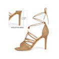 thumbnail image 2 of BLISSFUL STEP Lace Up Strappy Pearls Stiletto Heel Sandals for Women Light Brown (Size 7.5), 2 of 7