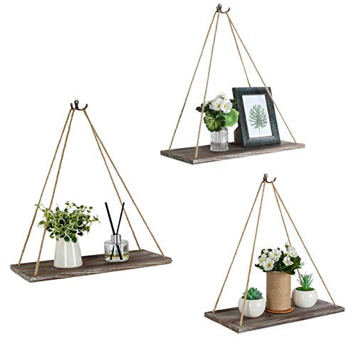 J JACKCUBE DESIGN Rustic Wood Hanging Shelves Set of 3 Farmhouse Bohemian Room Décor Floating Rope Display Shelf Plant Holder for Living Room Bedroom Kitchen Rope Shelves -MK555AAA