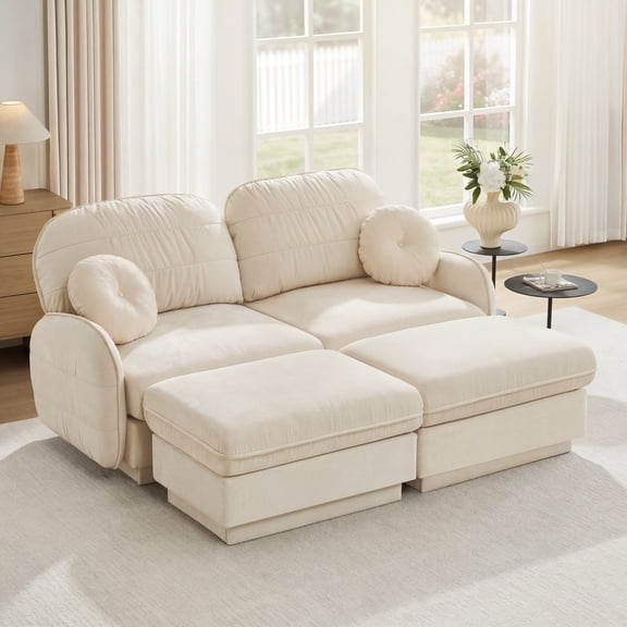 Mintazer Chenille Cloud Loveseat Sofa with 2 Movable Ottoman and Round Pillows, U-Shaped Ergonomic Sofa Couch for Living Room, Bedroom, Cream