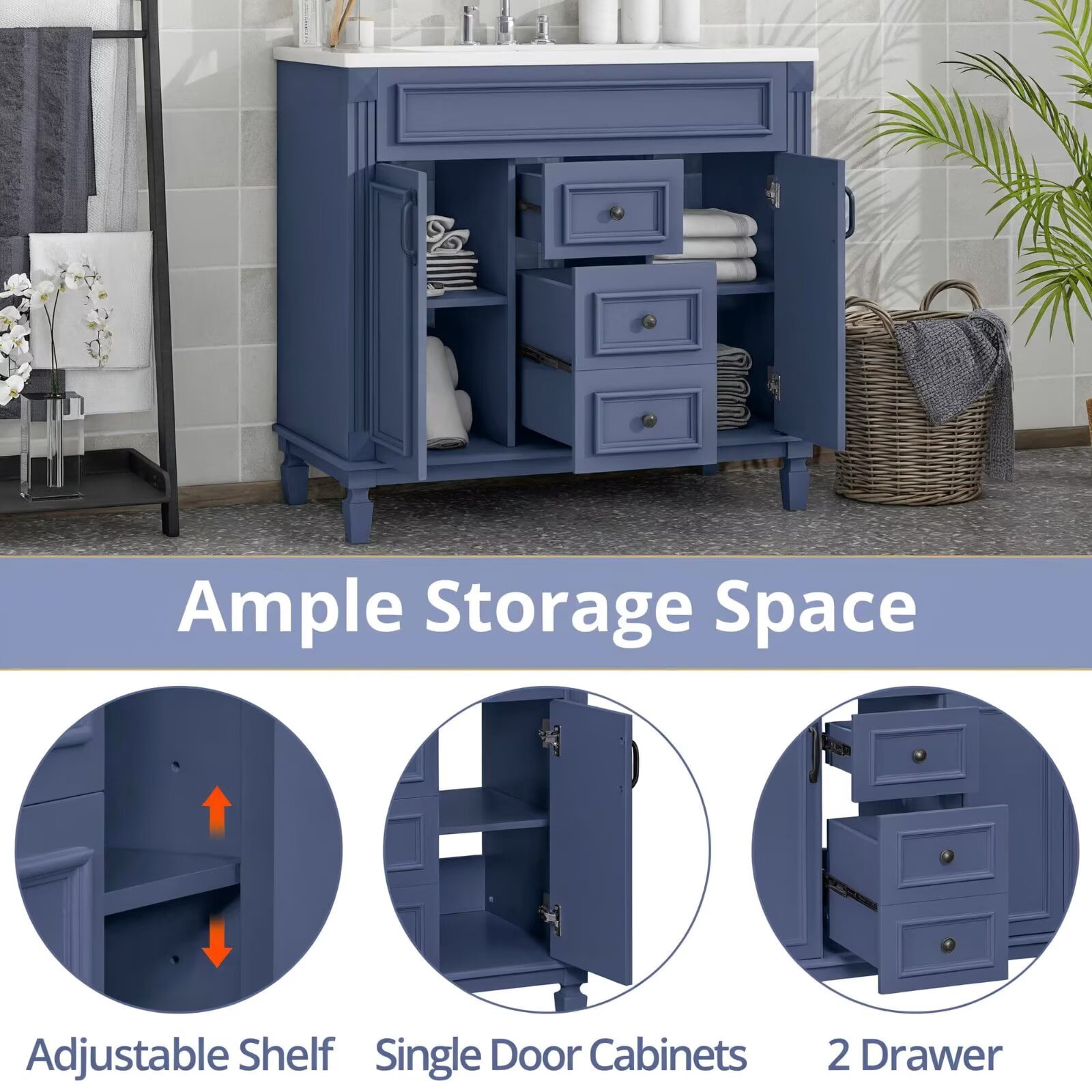 36" Bathroom Vanity with 3 Hole Ceramic Sink and Mirror Cabinet Combo, Wood Freestanding Single Basin Vanity Set with Storage Shelves Drawers Doors, Blue