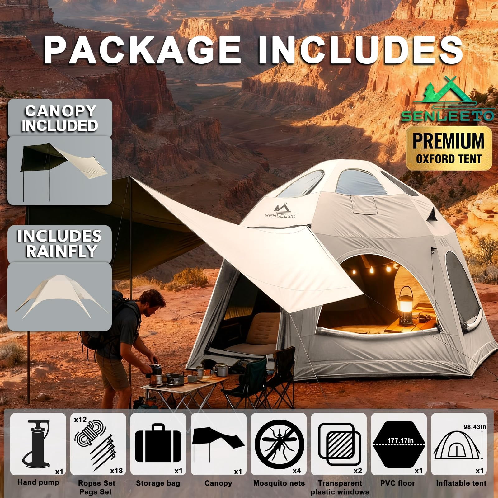 Large Inflatable Tents for Camping, 4 Season Blow Up Tents with Rainfly, Luxury Inflatable Tent House with Stove Jack, Easy Setup Inflatable Camping Tent.
