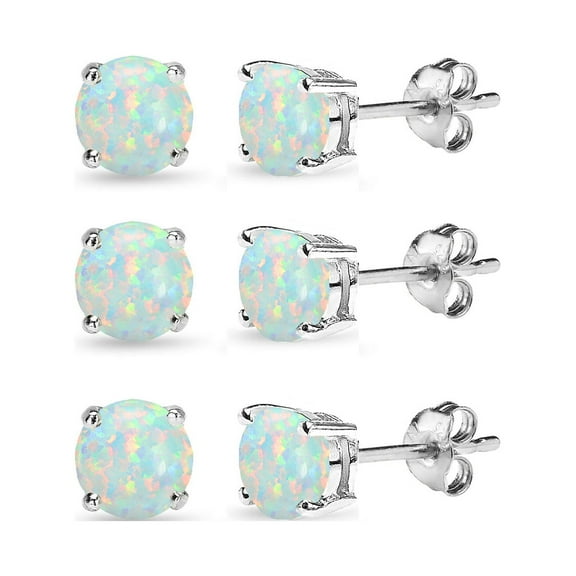 3 Pair Set Silver Tone 6mm Simulated White Opal Round Stud Earrings