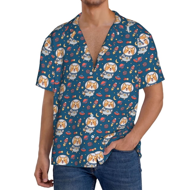Balery Astronaut Corgi Dog Camisa Casual de Manga Corta con Botones para Hombre, Texturizada, Estilo Cubano, para Playa, Verano-4X-Large