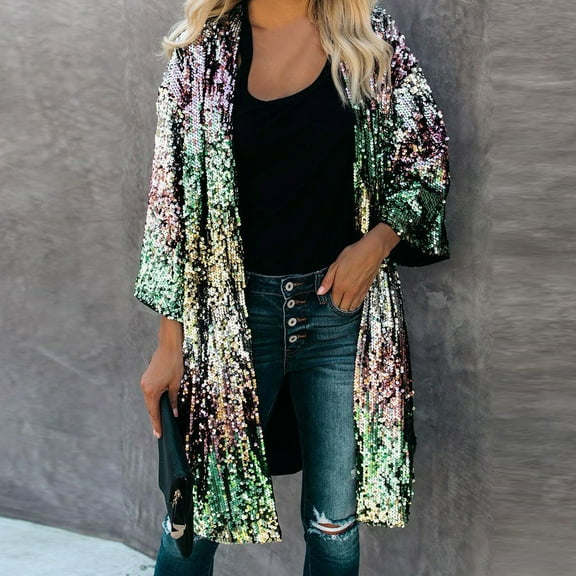 Tejiojio Clearance Rollbacks Women's Autumn Flare Sleeve Sequins Metallic Open Front Cardigan Coat
