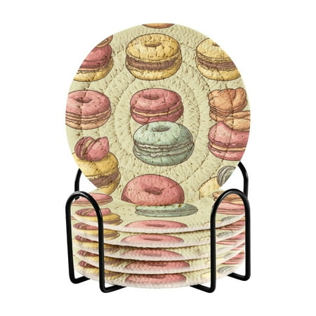 

Coil Coasters Set of 6，Cartoon Macaroons3.94-inch diameter printed on one side non-slip heat-insulating moisture-wicking home accessory.