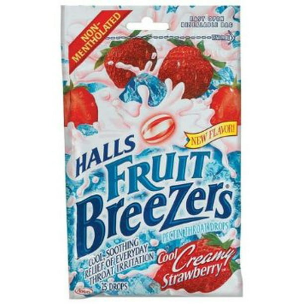 48 PACKS Halls Breezers Throat Drops, Pectin, Creamy Strawberry, 25