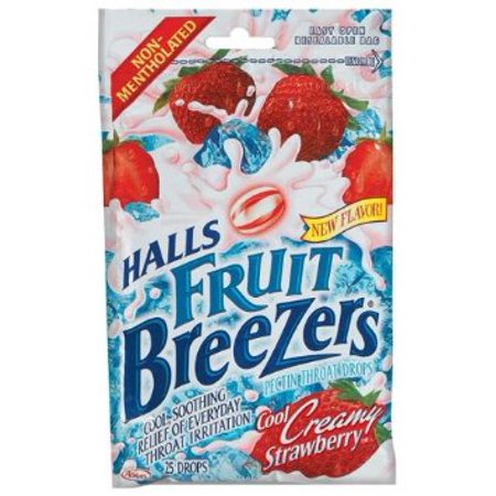 48 PACKS : Halls Breezers Throat Drops, Pectin, Creamy Strawberry, 25 drops