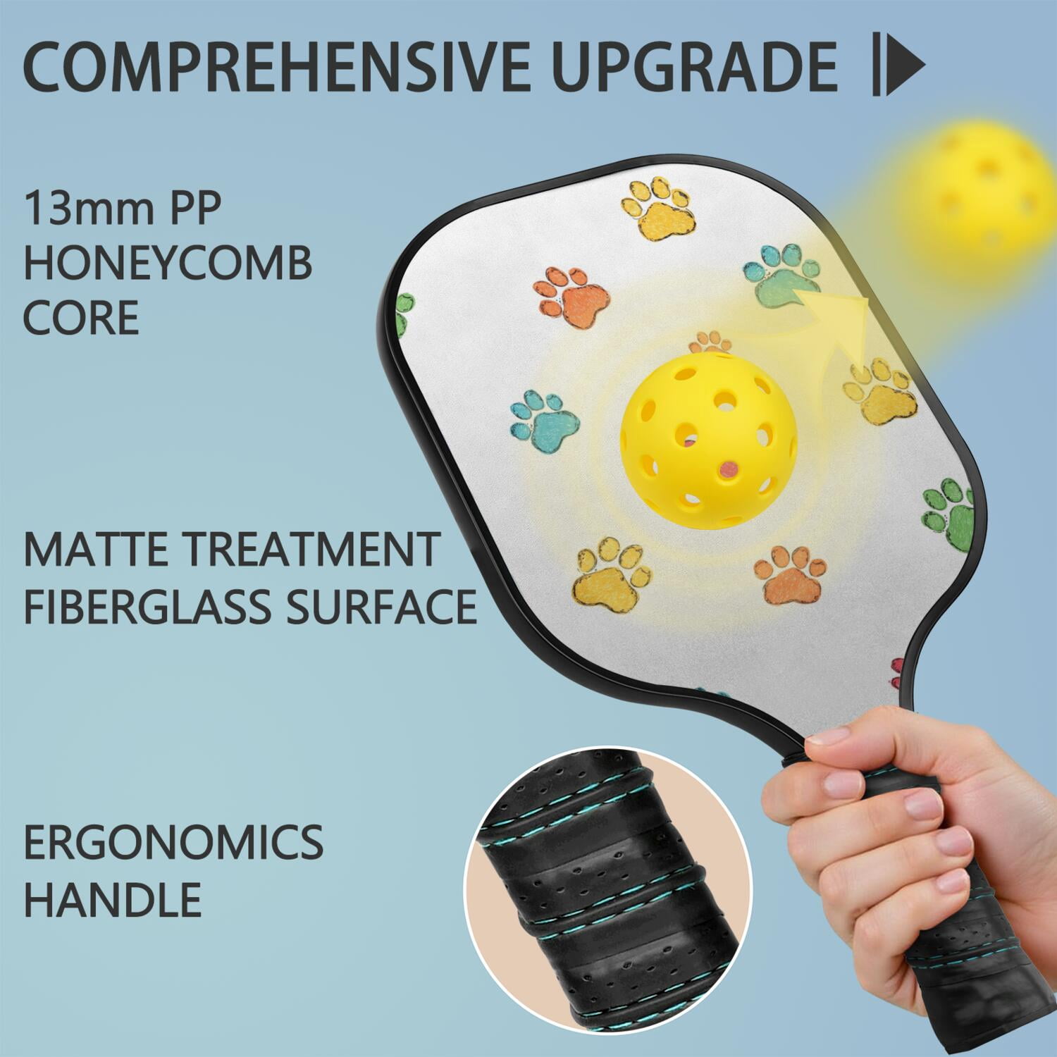 Pickleball Paddles Set Of 1, Fiberglass Surface, Cats & Dogs Print, 1 Paddle, 2 Balls & Bag