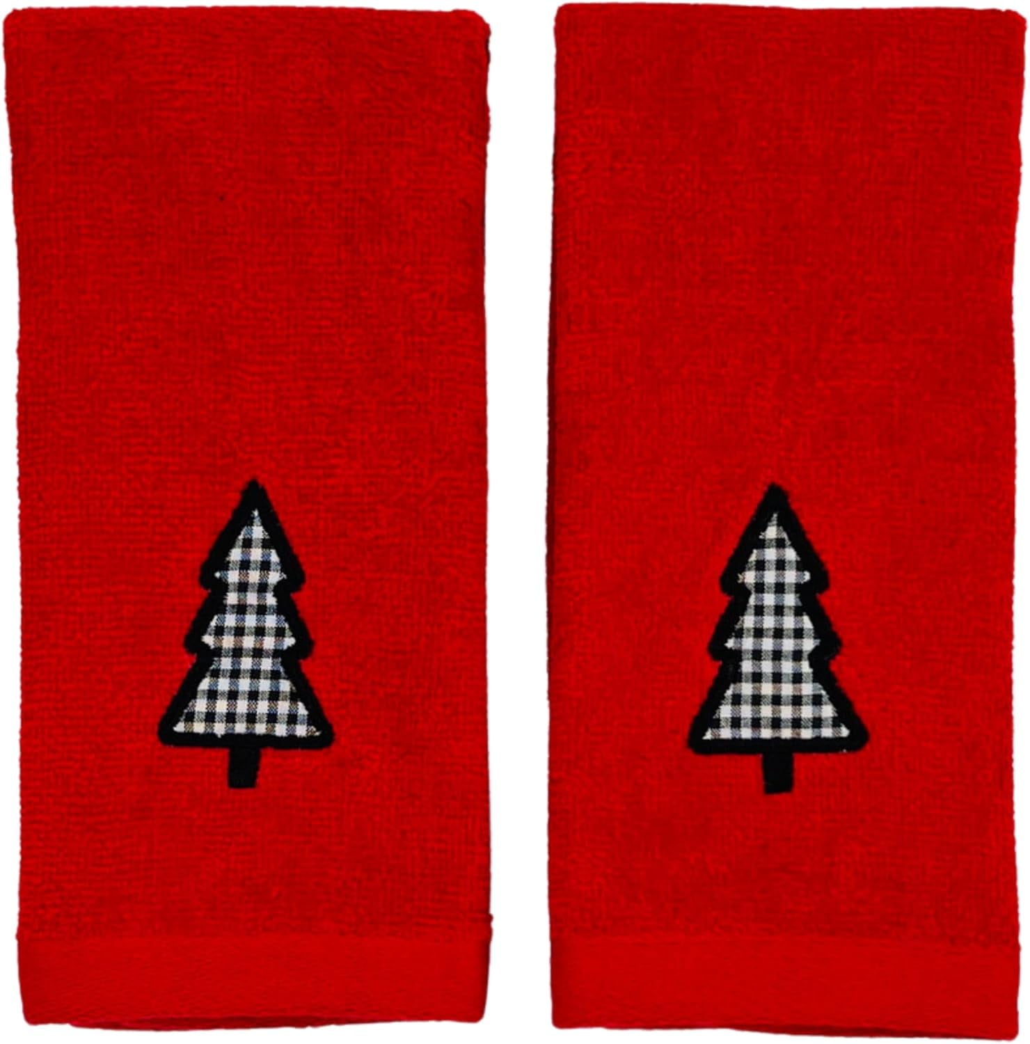 Holiday Winter Christmas Bathroom Guest Hand Fingertip Embroidered Applique Towels 4 Pc Set: Checkered Trees 16 x 25 inches, Gingham Tree Design,12 x 18 inches, Black White on Red, 100% Cotton