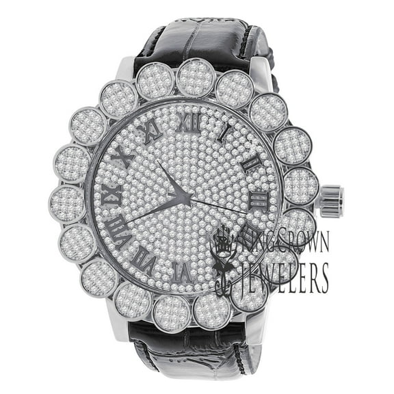 Mens Flower Cluster Bezel Real Diamond Dial Designer Watch Roman Numbers White Rose Gold Finish Genuine Leather Band