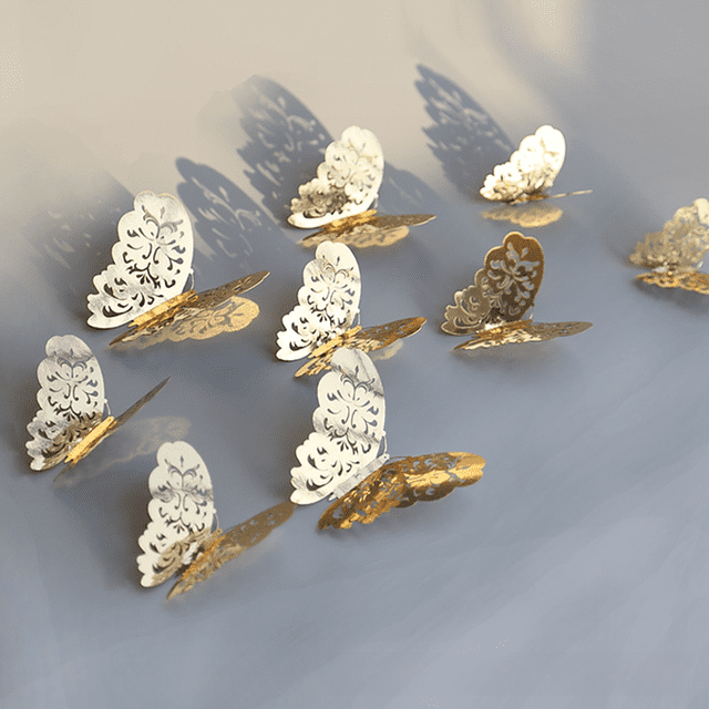 Pegatinas de pared tridimensionales de mariposas huecas doradas y plateadas en 3D para el aula, el salón de clases, la sala de estar, la TV y la pared