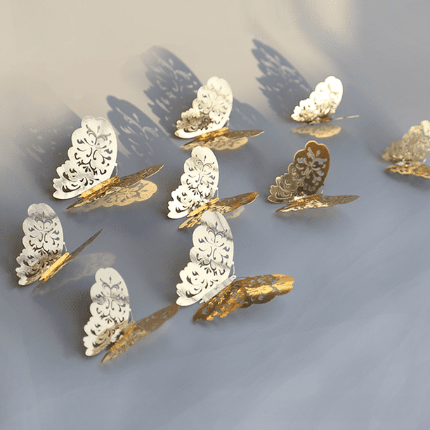Pegatinas de pared tridimensionales de mariposas huecas doradas y plateadas en 3D para el aula, el salón de clases, la sala de estar, la TV y la pared