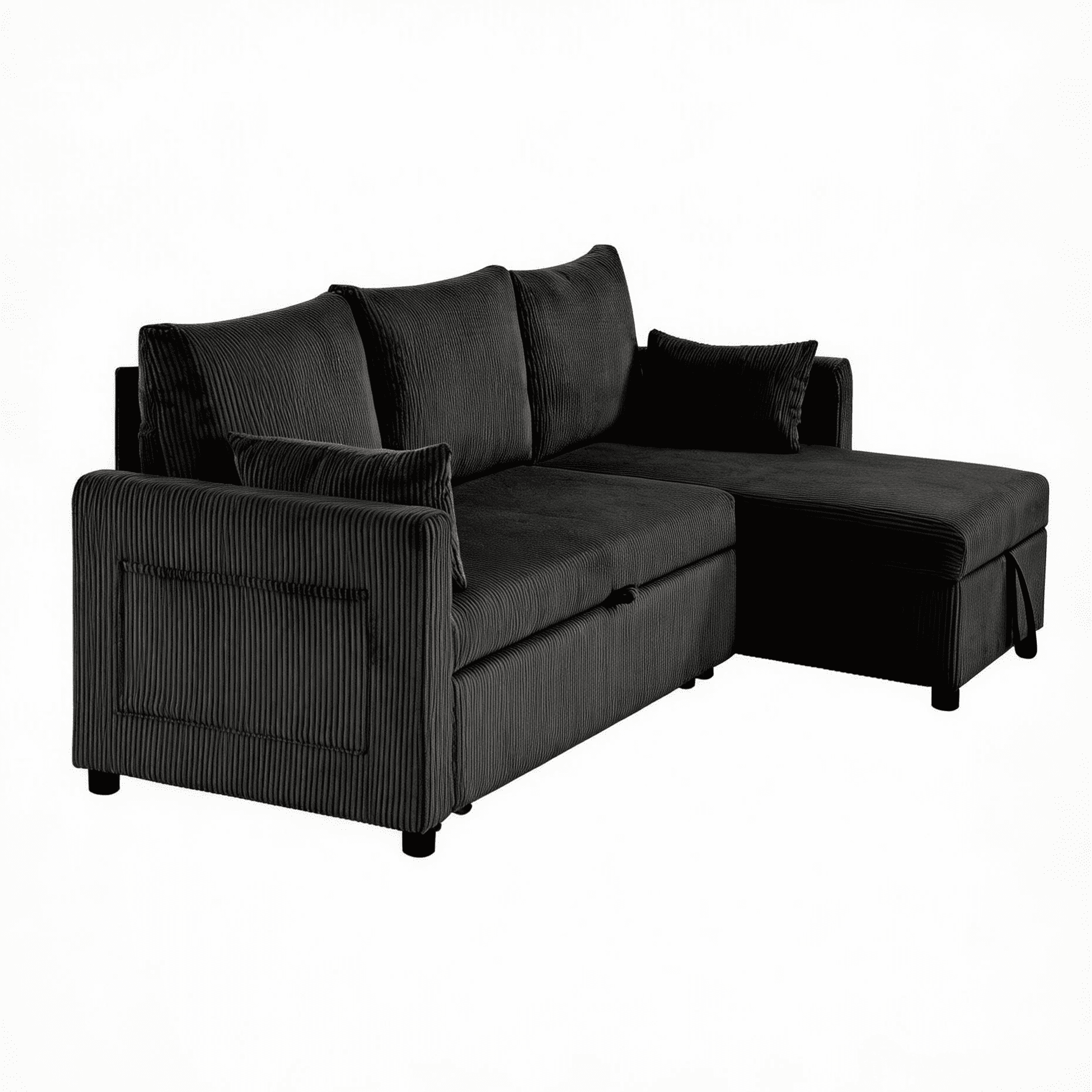 BSHTI L-Shaped Pull Out Sleeper Sofa Bed with Storage Chaise – 3-Seater Convertible Corduroy Sectional Couch for Small Living Room, Apartment, or Office, Black