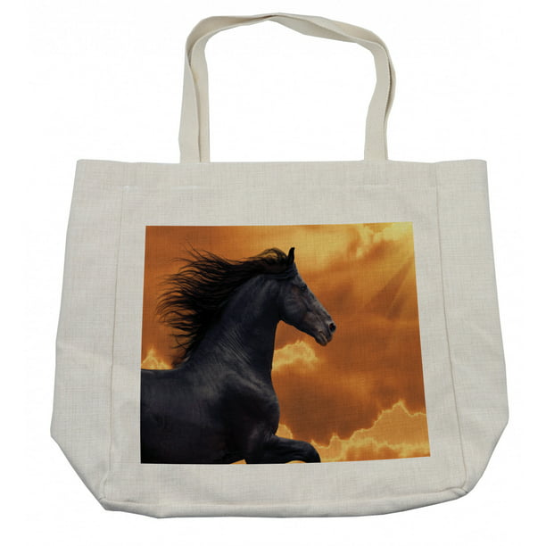 Horses Shopping Bag, Portrait of Galloping Friesian Horse with Sun Rays Intensity Honor Grace Theme, Eco-Friendly Reusable Bag for Groceries Beach and More, 15.5" X 14.5", Cream, by Ambesonne - Walmart.com -