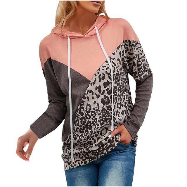 Moda mujer casual manga larga con capucha leopardo patchwork señoras tops sudaderas Fridja hkj4903