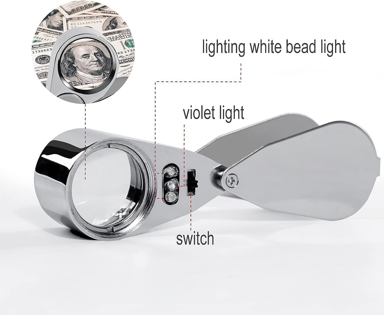 40X Full Metal Illuminated Jewelry Loop Magnifier, XYK Pocket Folding  Magnifying Glass Jewelers Eye Loupe with LED(LED Currency Detecting/Jewelry