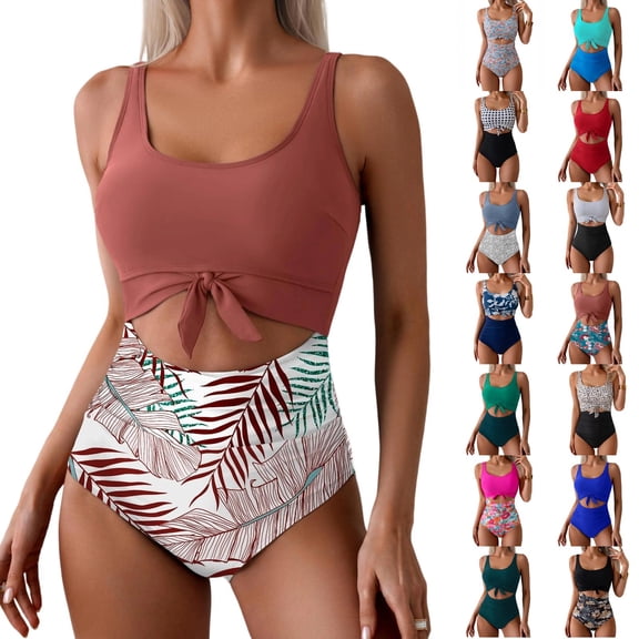 Women's One-Piece Swimsuit, Square Neck Tie Front Cutout Monokini with Tropical Print for Swimming and Beach Leopard Print S