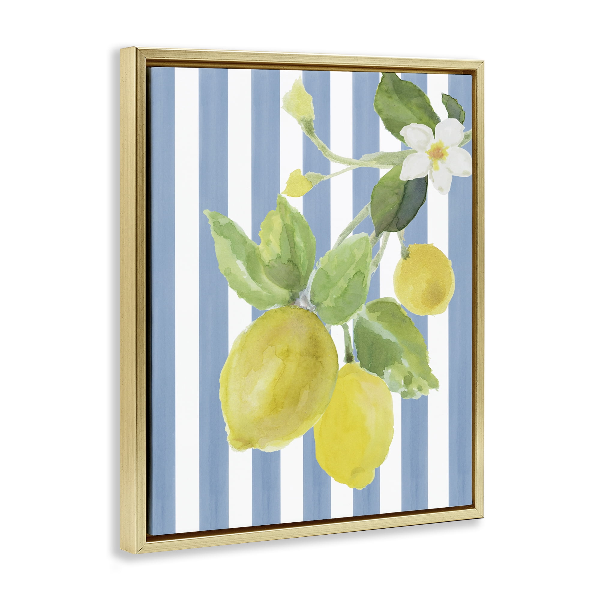 Stupell Industries Lemon Blossom on Blue Stripes Gold Framed Floater Canvas Wall Art, design by Lanie Loreth