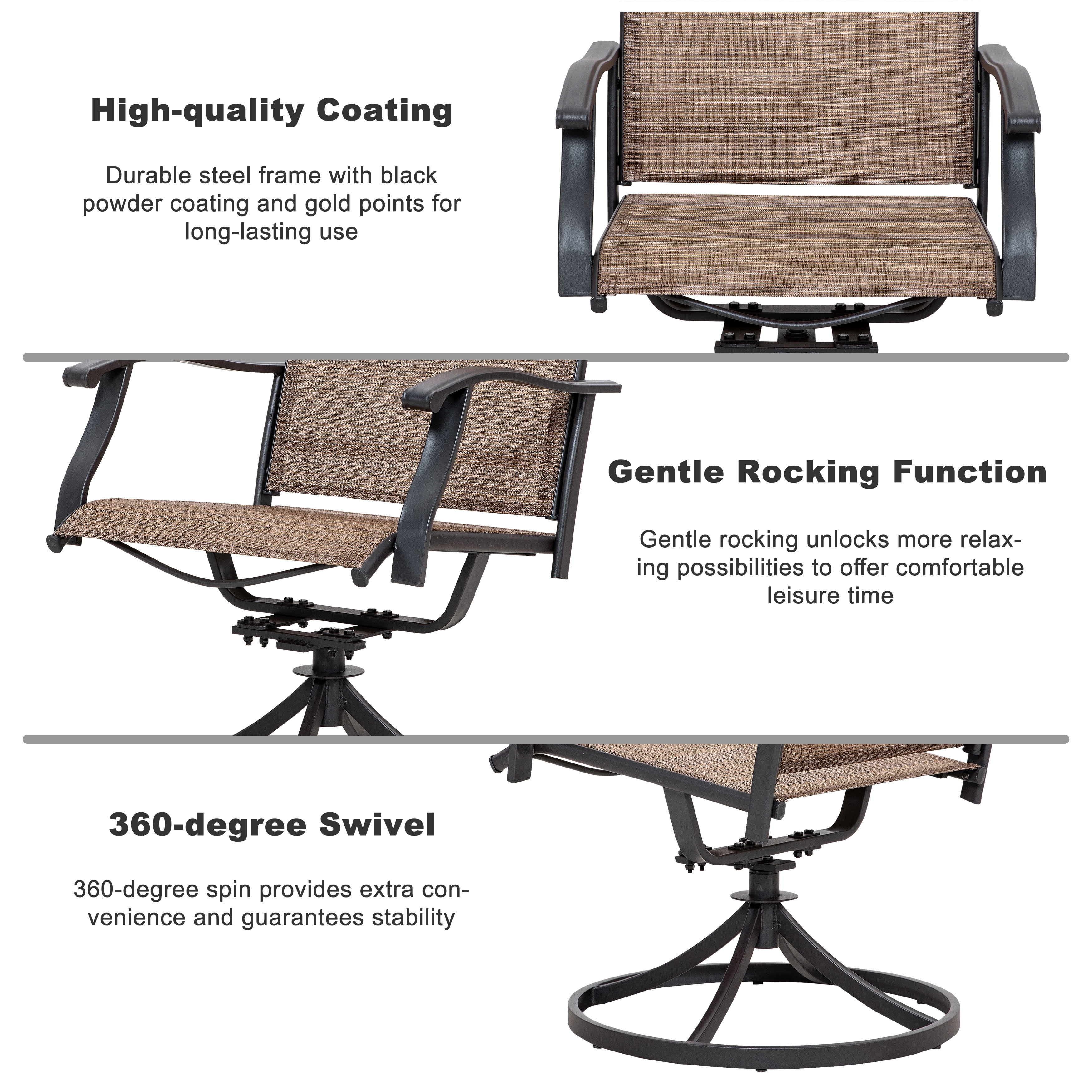 Nuu Garden 5-Piece Outdoor Dining Table Set, 4 Textilene Swivel Chairs & 37" Square Table with Umbrella Hole and Faux Wood Tabletop, All-Weather Patio Outdoor Furniture, Black and Brown
