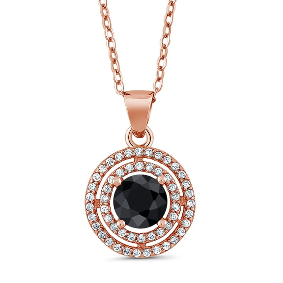 Gem Stone King 1.79 Ct Round Black Sapphire 18K Rose Gold Plated Silver Pendant with Chain